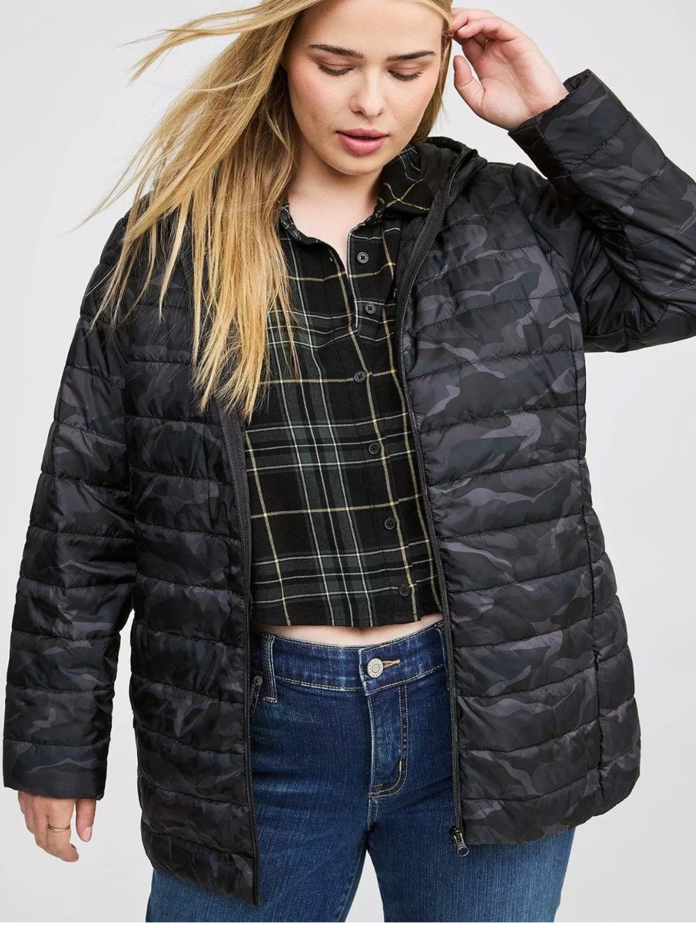 Torrid Camo Packable Puffer Hooded Jacket Black Full Zipper Lightweight 2024-2